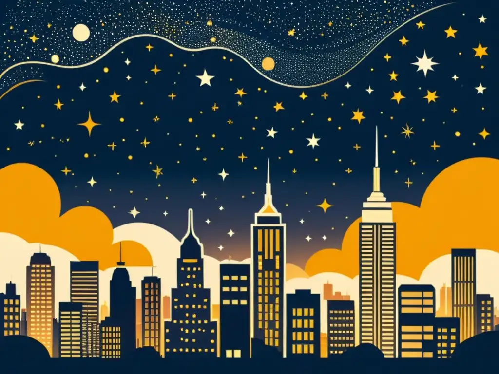 Una ilustración vintage de un bullicioso horizonte de ciudad nocturno, con rascacielos que alcanzan el cielo estrellado