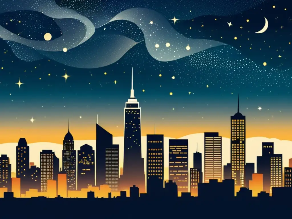 Una ilustración vintage de un bullicioso horizonte de ciudad de noche, con altos rascacielos que se elevan hacia el cielo estrellado