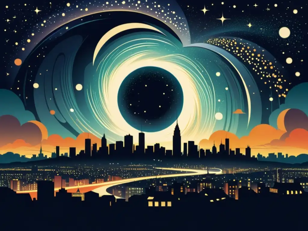 Horizonte urbano iluminado por el misterio del agujero negro Una ilustración vintage de un bullicioso horizonte urbano con edificios imponentes y un cielo nocturno lleno de estrellas
