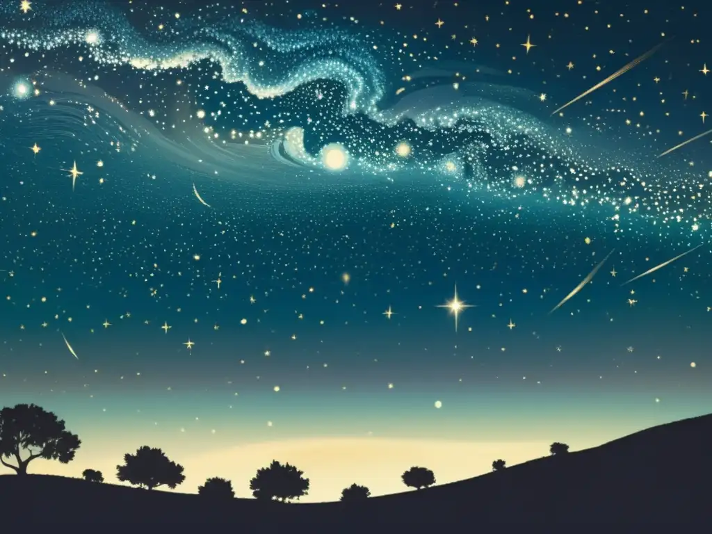 Una ilustración vintage de un cielo estrellado con constelaciones visibles, mostrando la refracción atmosférica en observación estelar