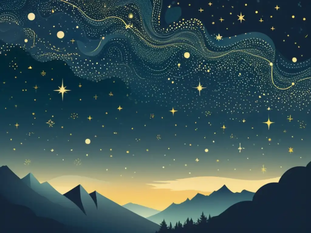 Una ilustración vintage de un cielo estrellado con constelaciones detalladas y una sutil neblina que indica el impacto del cambio climático en la visibilidad de las estrellas