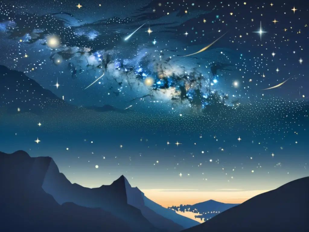 Una ilustración vintage de un cielo estrellado, con constelaciones detalladas y el impacto de la contaminación luminosa en su visibilidad