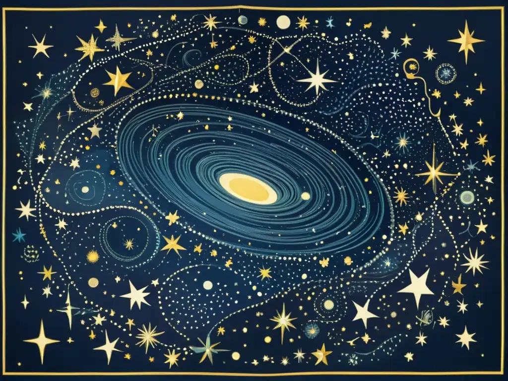 Una ilustración vintage de un cielo estrellado con constelaciones, evocando la conexión entre astronomía y la inspiración literaria