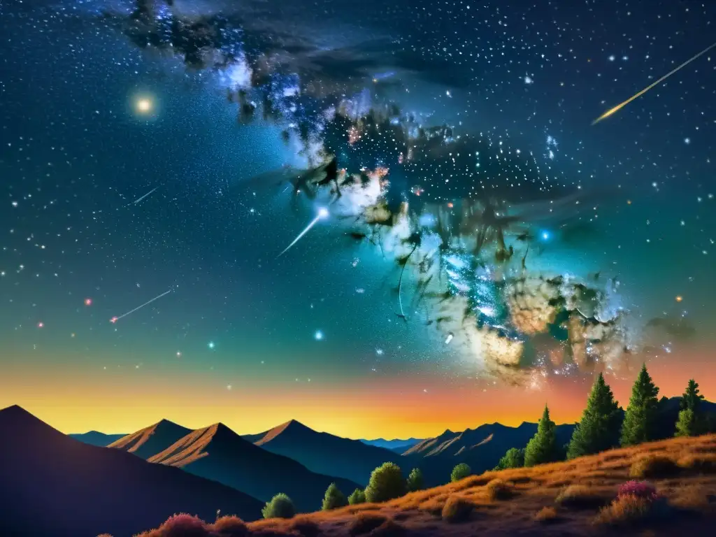 Una ilustración vintage de un cielo estrellado, con constelaciones detalladas y una nebulosa brillante y colorida