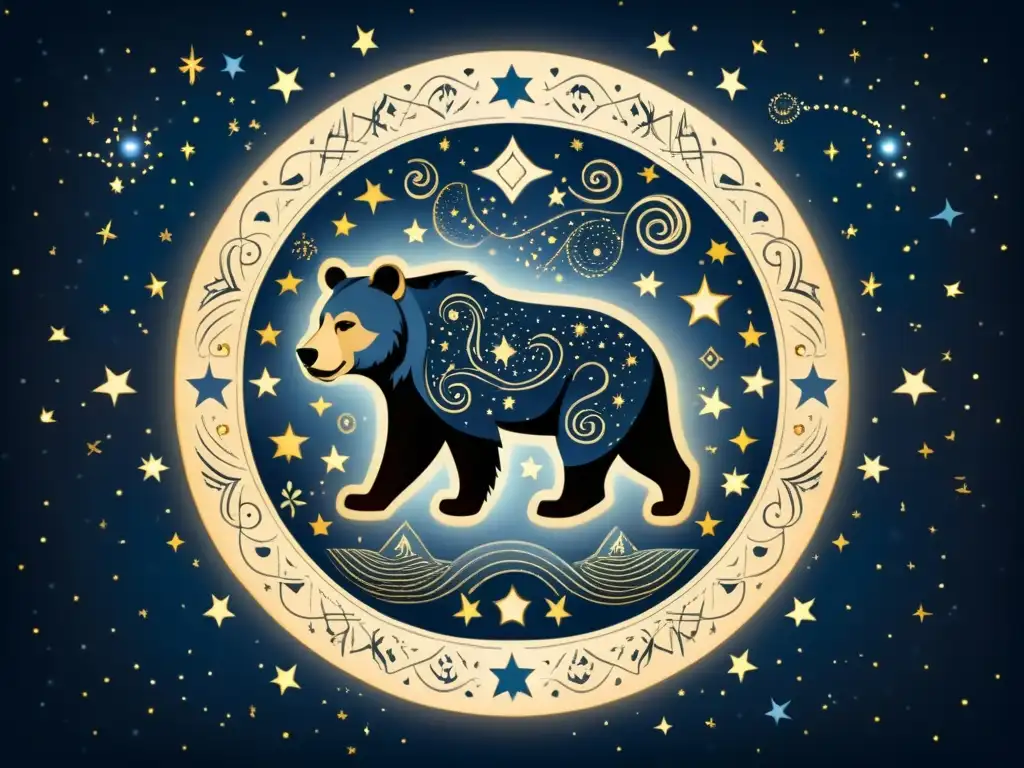 Una ilustración vintage de un cielo estrellado con las constelaciones de Ursa Major y Ursa Minor, rodeadas de patrones e símbolos mágicos y místicos