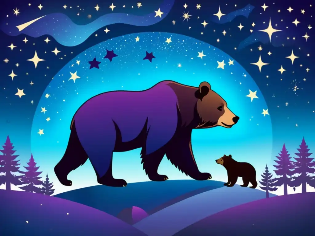 Una ilustración vintage de un cielo estrellado con las constelaciones de Ursa Major y Ursa Minor, evocando magia y misticismo