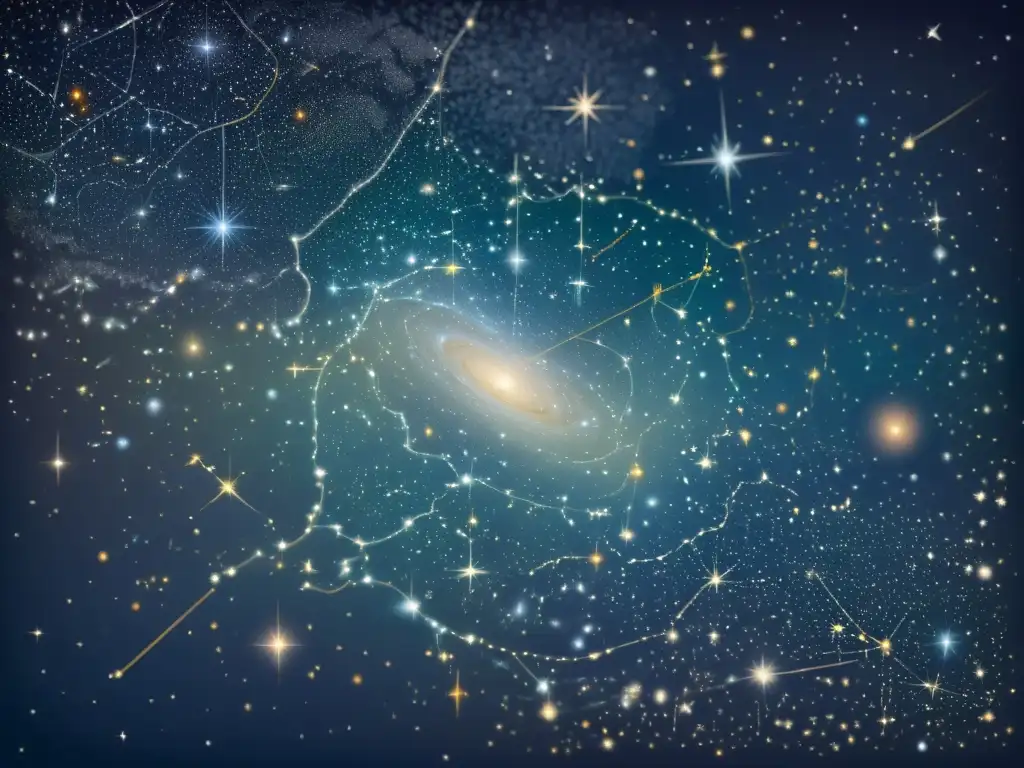 Una ilustración vintage de un cielo estrellado con constelaciones detalladas, evocando la evolución de las estrellas en constelaciones