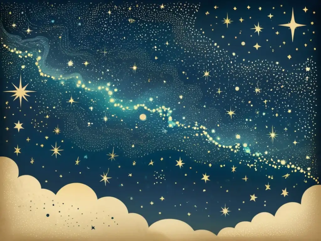 Una ilustración vintage de un cielo estrellado con constelaciones detalladas como Orión, la Osa Mayor y Casiopea