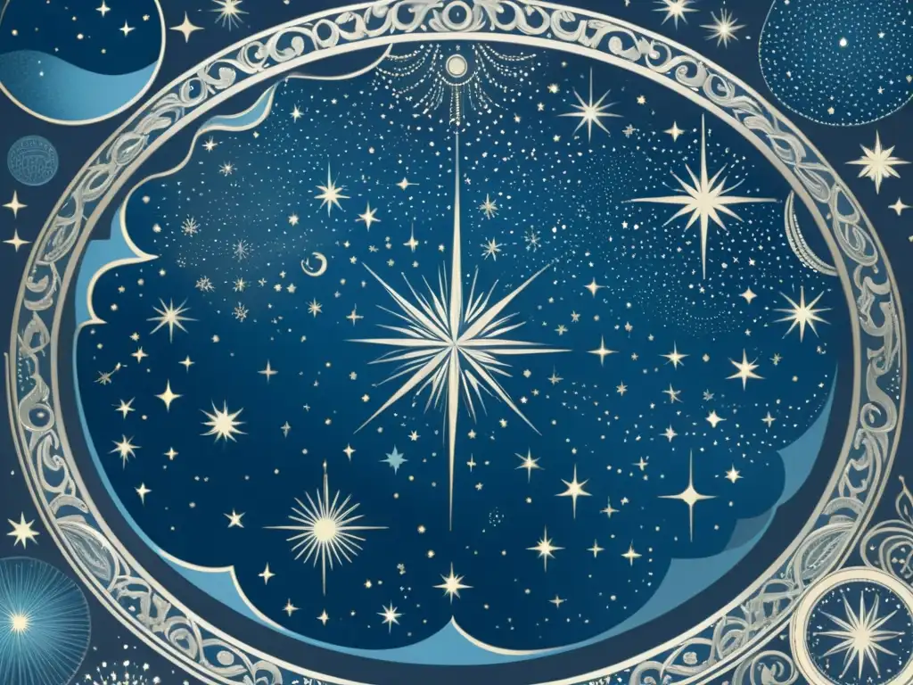 Una ilustración vintage de un cielo estrellado con detalladas constelaciones, evocando la fascinación por los estudios científicos, constelaciones y mitología