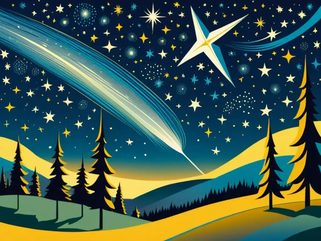 Una ilustración vintage de un cielo estrellado con una estrella fugaz