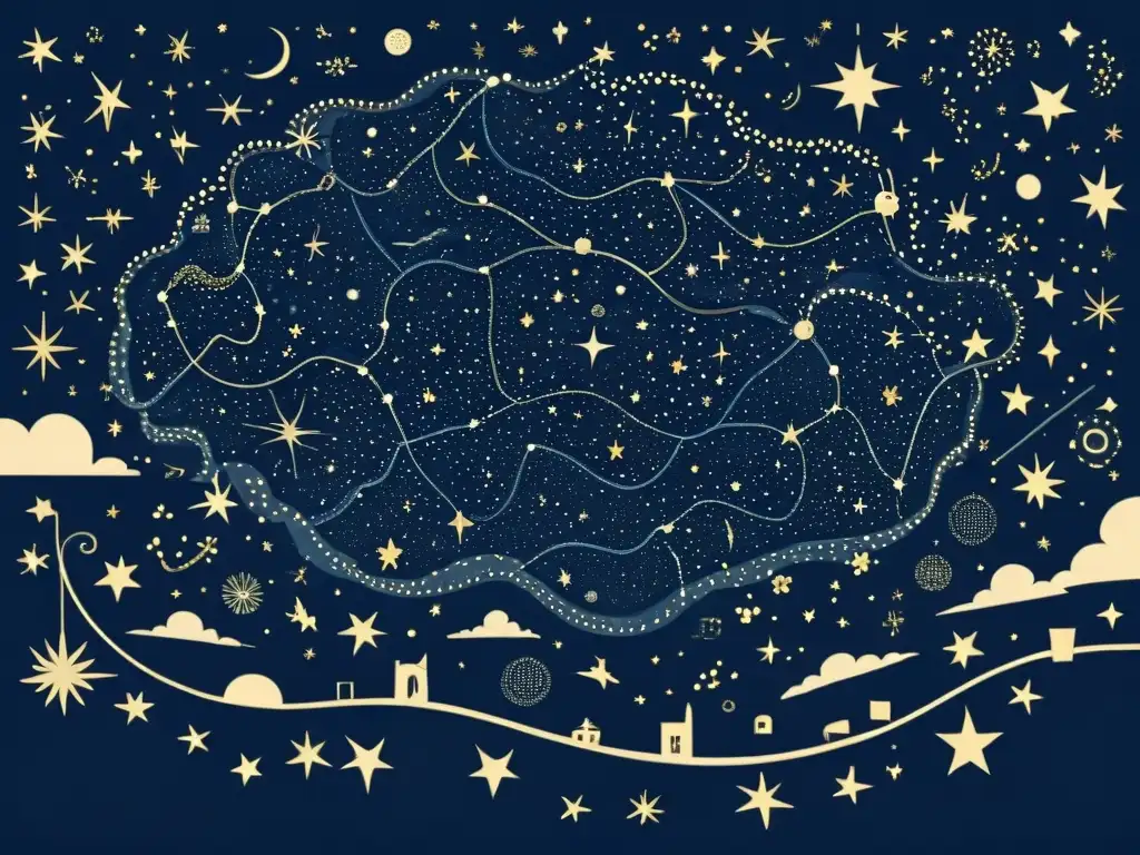 Una ilustración vintage de un cielo estrellado lleno de constelaciones, con detalles intrincados de estrellas y cuerpos celestes, contra un fondo azul oscuro