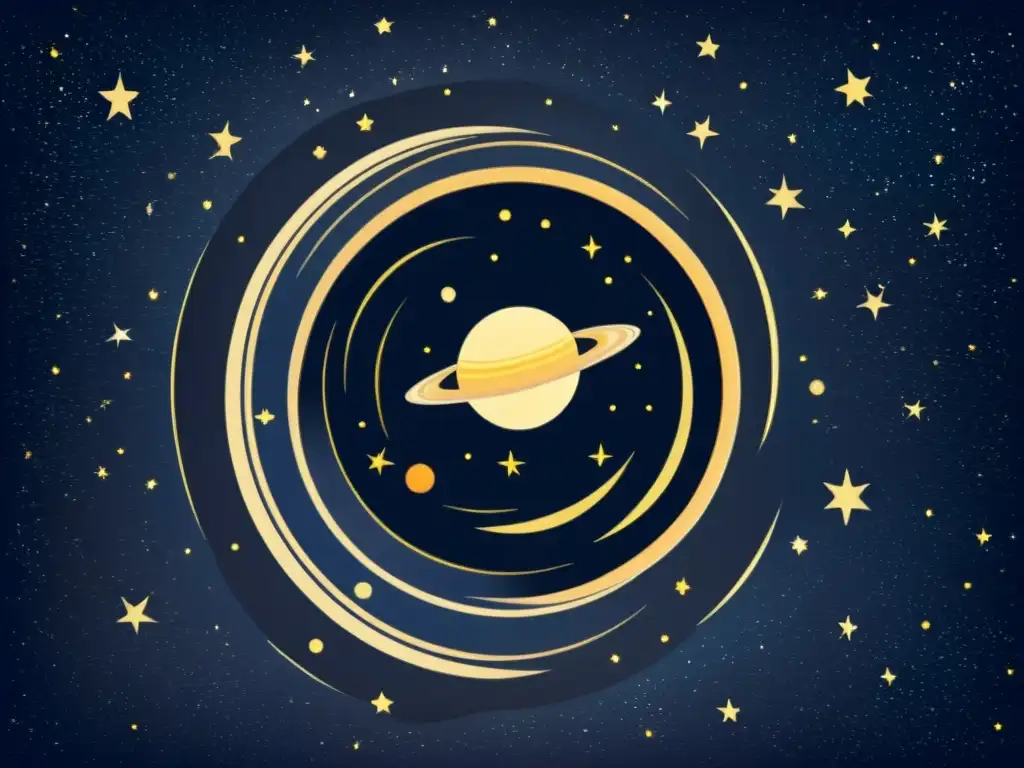 Una ilustración vintage de un cielo estrellado con Júpiter y Saturno destacando, evocando asombro y nostalgia