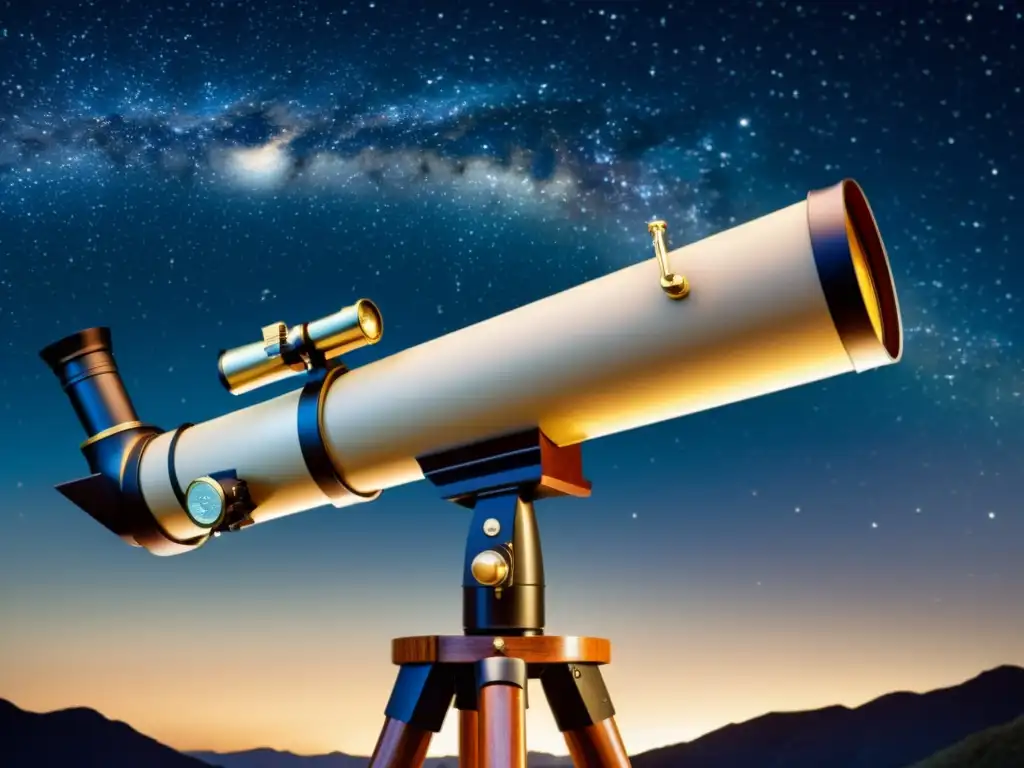 Una ilustración vintage de un cielo estrellado con un telescopio Dobsoniano en primer plano