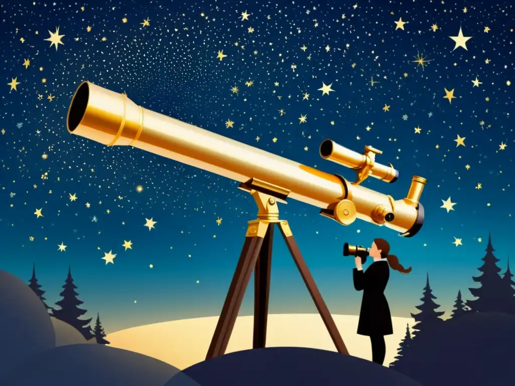 Una ilustración vintage de un cielo estrellado con un telescopio, evocando la exploración y la belleza de los juegos de realidad aumentada sobre estrellas