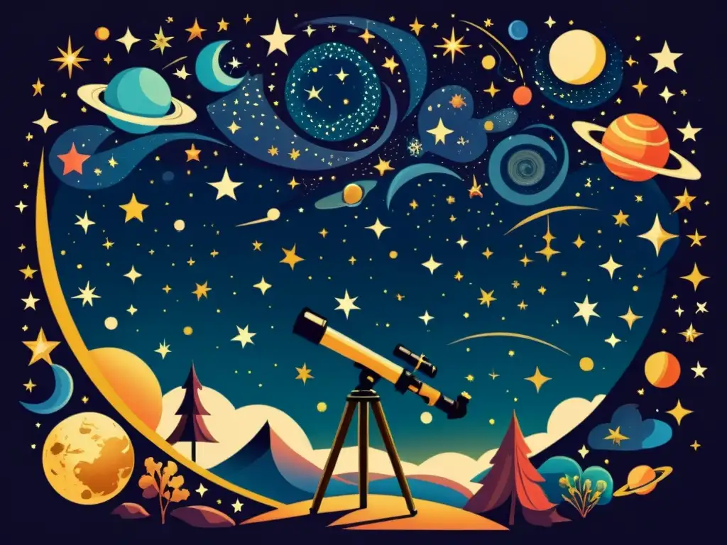 Una ilustración vintage de un cielo estrellado con telescopio y objetos celestes detallados, evocando asombro y exploración