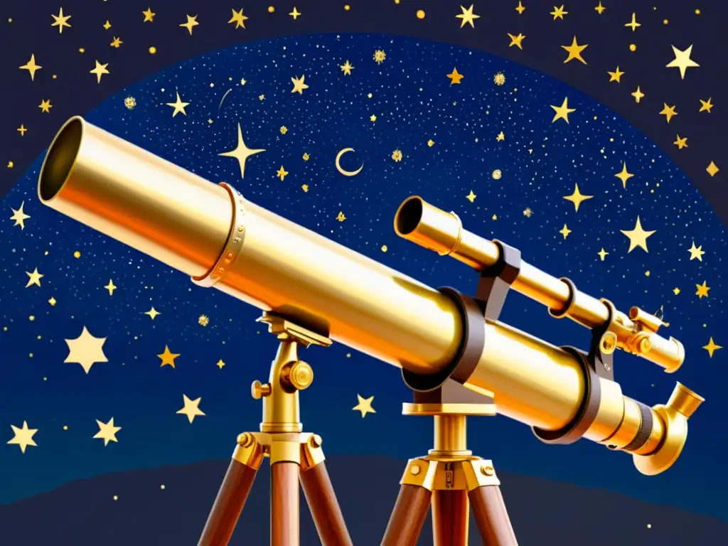 Una ilustración vintage de un cielo estrellado con un telescopio y constelaciones