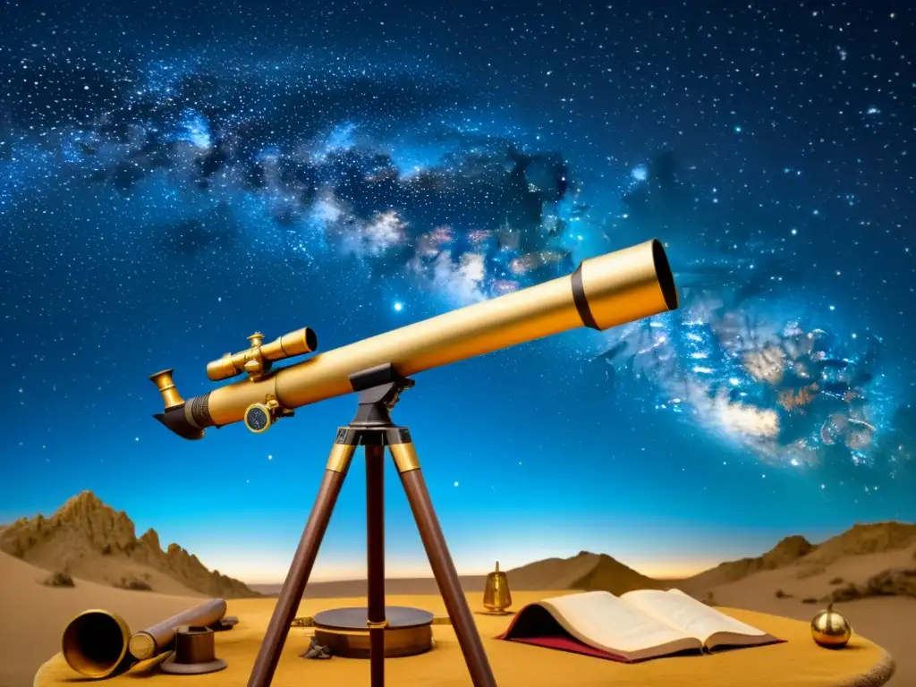 Una ilustración vintage de un cielo estrellado con un telescopio y herramientas astronómicas antiguas, evocando la Astronomía en la poesía del Siglo de Oro