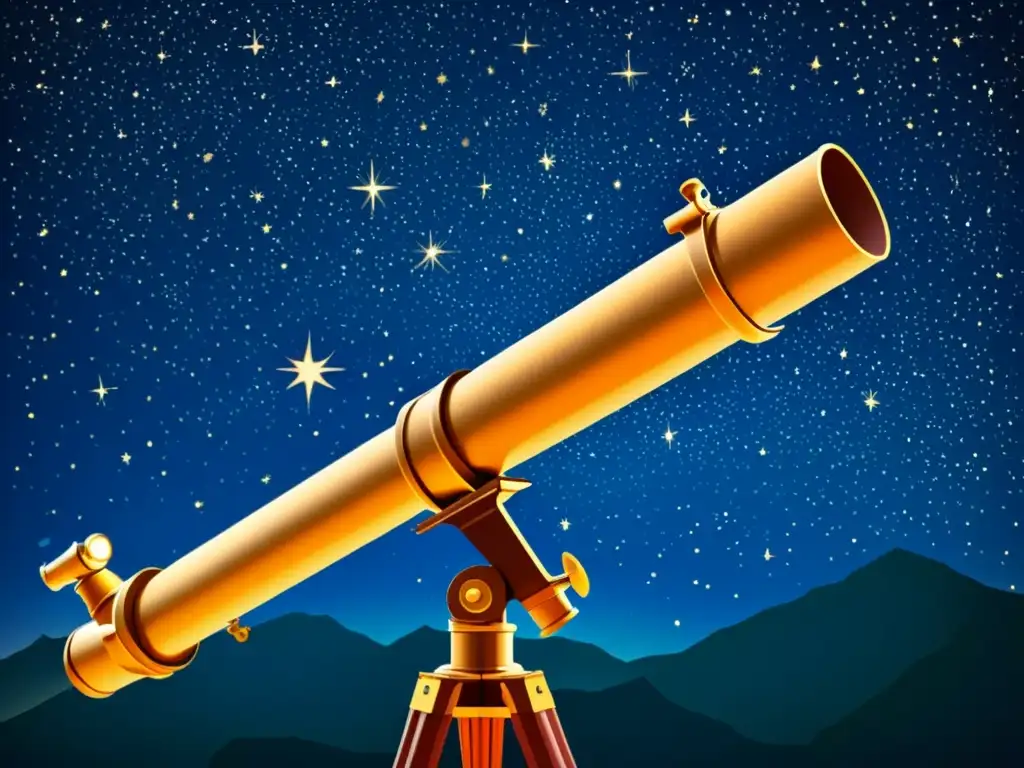 Una ilustración vintage de un cielo nocturno con constelaciones intrincadas y un telescopio apuntando hacia las estrellas, capturando el atractivo atemporal de la astronomía