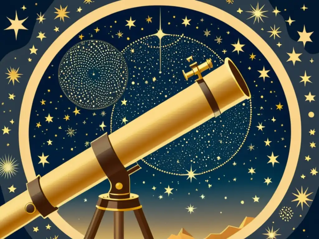 Una ilustración vintage de un cielo nocturno con detalladas representaciones de varias constelaciones, estrellas de distintos tamaños y brillos, y un telescopio antiguo en primer plano