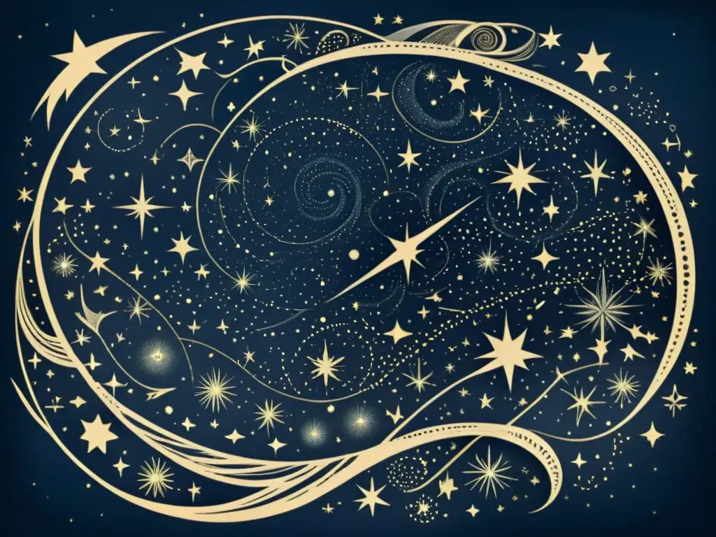 Una ilustración vintage de un cielo nocturno, con detalles intrincados de constelaciones y estrellas contra un fondo índigo profundo