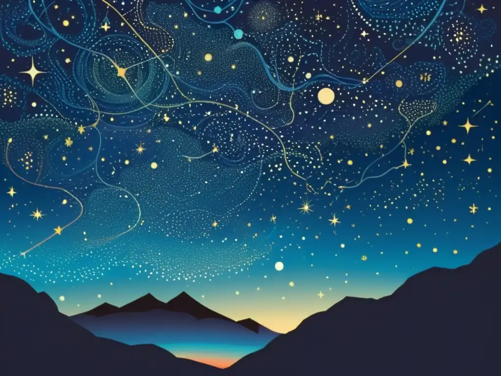 Una ilustración vintage de un cielo nocturno estrellado con constelaciones detalladas, colores vibrantes y patrones celestes