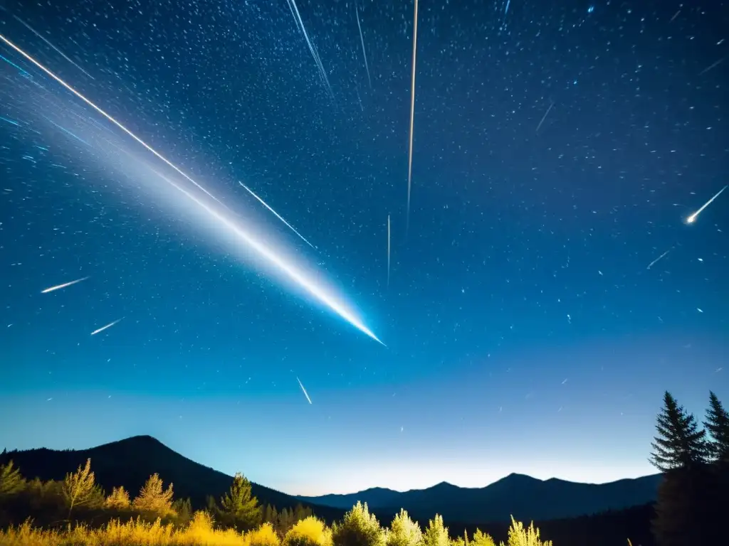 Maravilla nocturna: Ilustración vintage de lluvia de estrellas Una ilustración vintage de un cielo nocturno con estrellas fugaces, capturando la maravilla de observar estrellas fugaces meteoros