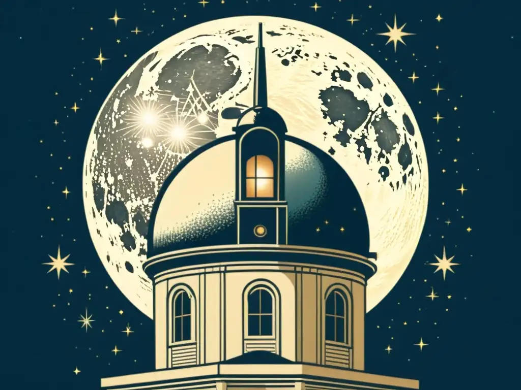 Una ilustración vintage de un cielo nocturno con estrellas brillantes y una luna llena, junto a un antiguo telescopio y un observatorio histórico