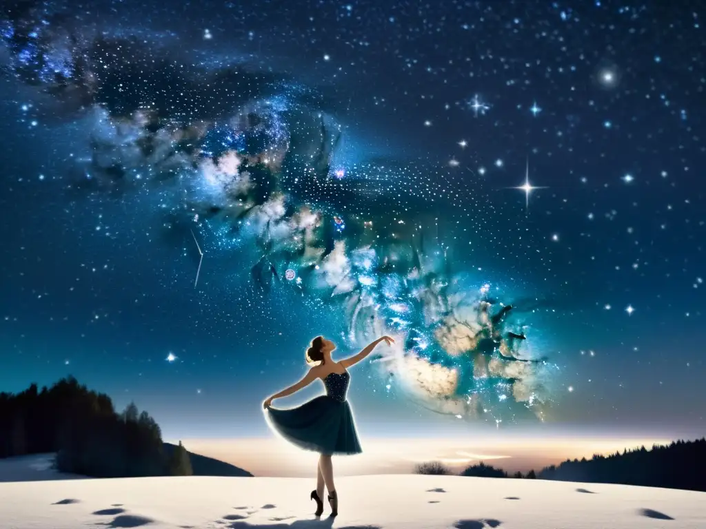 Una ilustración vintage de un cielo nocturno invernal con constelaciones detalladas, estrellas y una bailarina en pose elegante