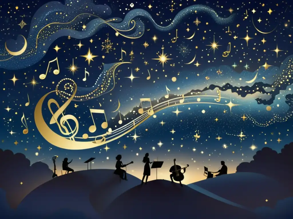 Una ilustración vintage de un cielo nocturno lleno de constelaciones, con notas musicales e instrumentos entrelazados con las estrellas