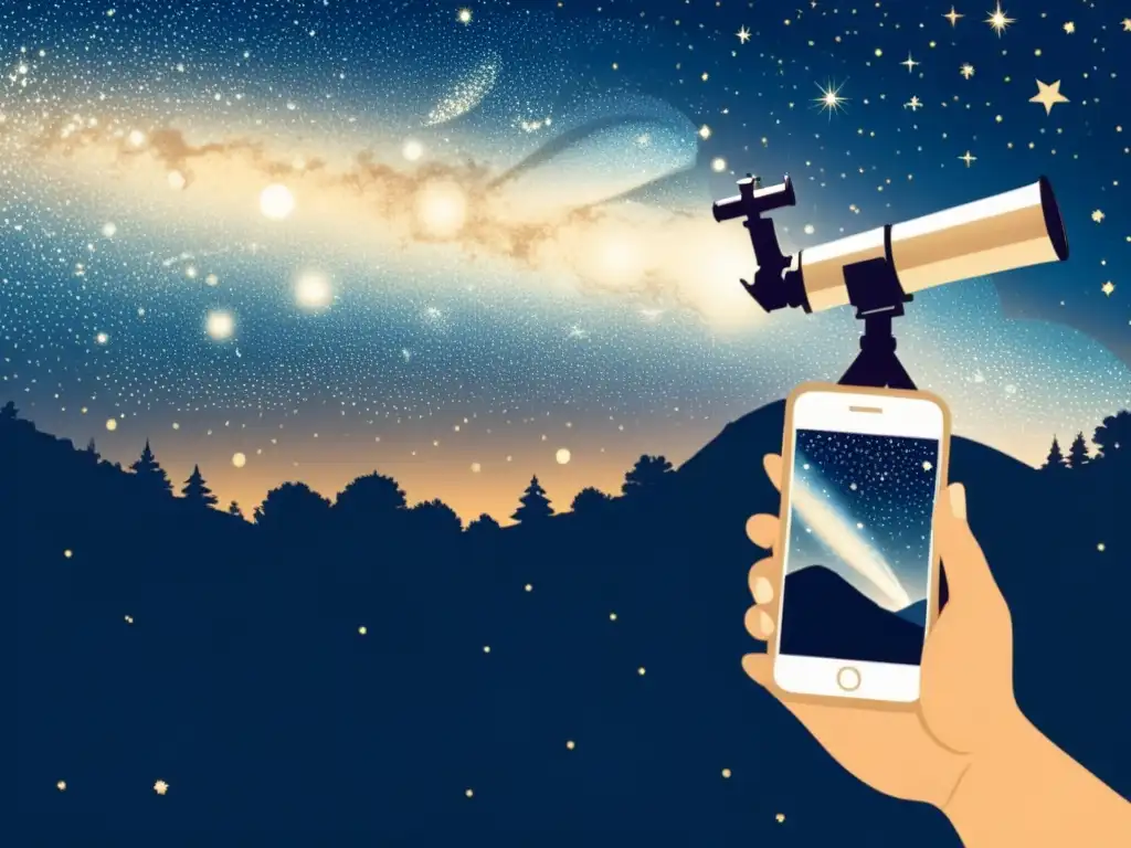 Una ilustración vintage de un cielo nocturno lleno de estrellas, con un telescopio y un smartphone superpuestos, fusionando la observación tradicional con la tecnología móvil moderna