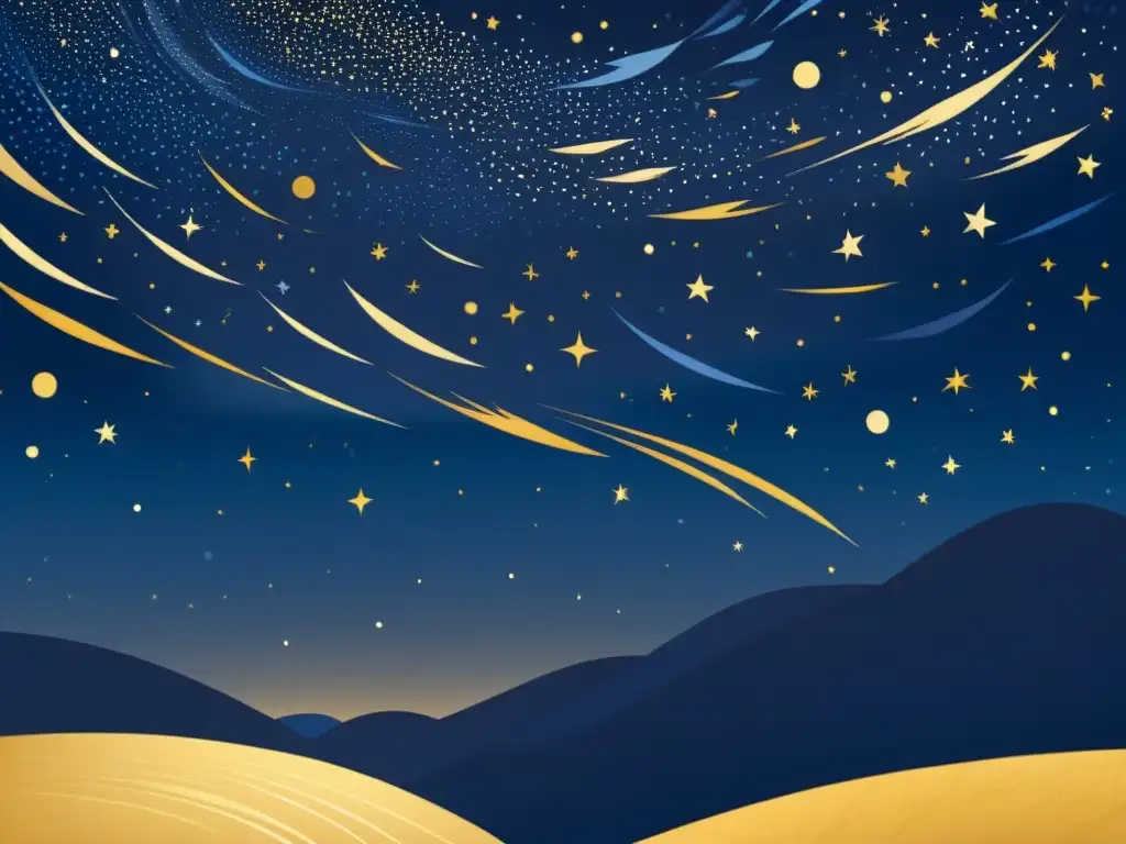 Celestial belleza: lluvia de estrellas doradas en la noche Una ilustración vintage de un cielo nocturno lleno de estrellas fugaces y meteoros, creando un espectáculo celestial de belleza atemporal