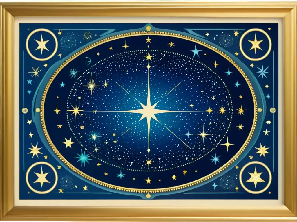 Una ilustración vintage de un cielo nocturno lleno de constelaciones y detalles intrincados, evocando una sensación de maravilla y belleza atemporal