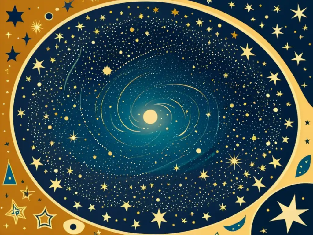 Una ilustración vintage de un cielo nocturno lleno de constelaciones, con detalles intrincados de estrellas y cuerpos celestes