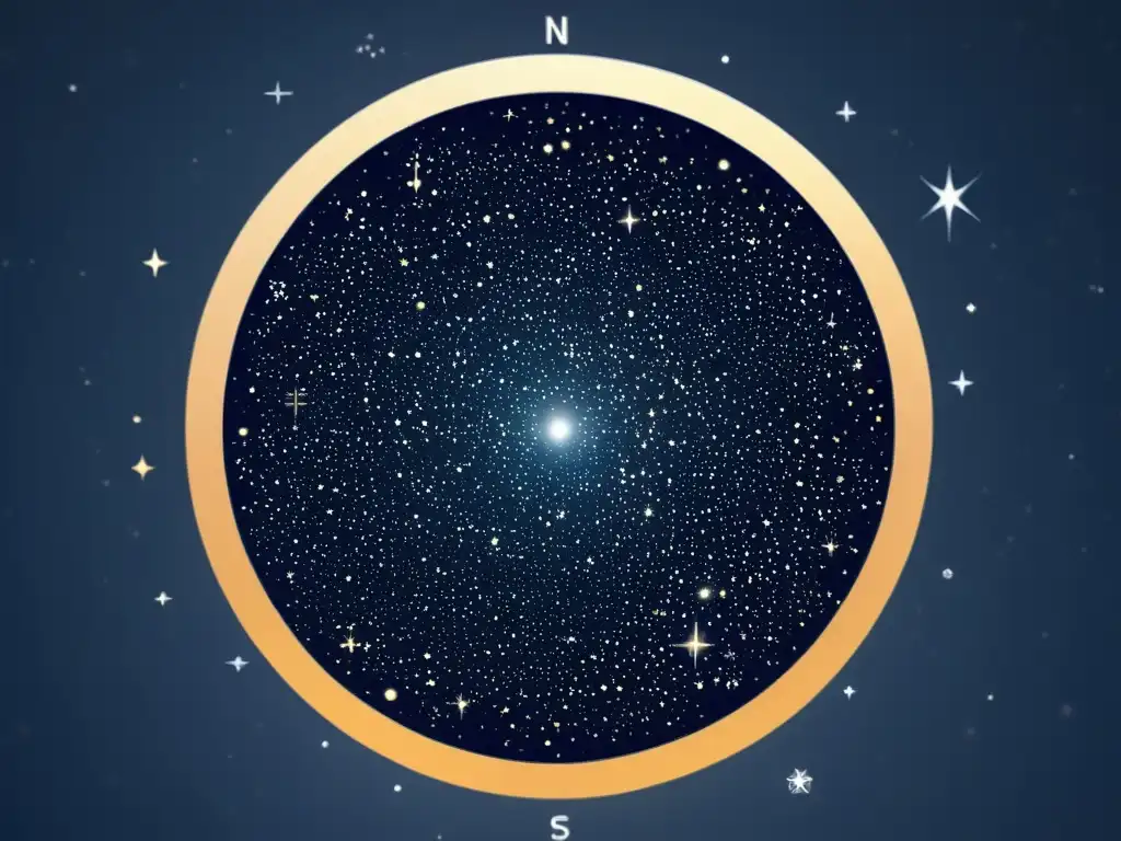 Una ilustración vintage de un cielo nocturno lleno de estrellas y constelaciones, con la interfaz del software Stellarium superpuesta, mostrando sus funciones ocultas en detalle