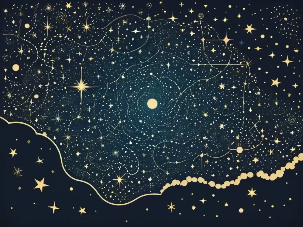 Una ilustración vintage de un cielo nocturno lleno de estrellas, con intrincadas representaciones de constelaciones y sus patrones interconectados