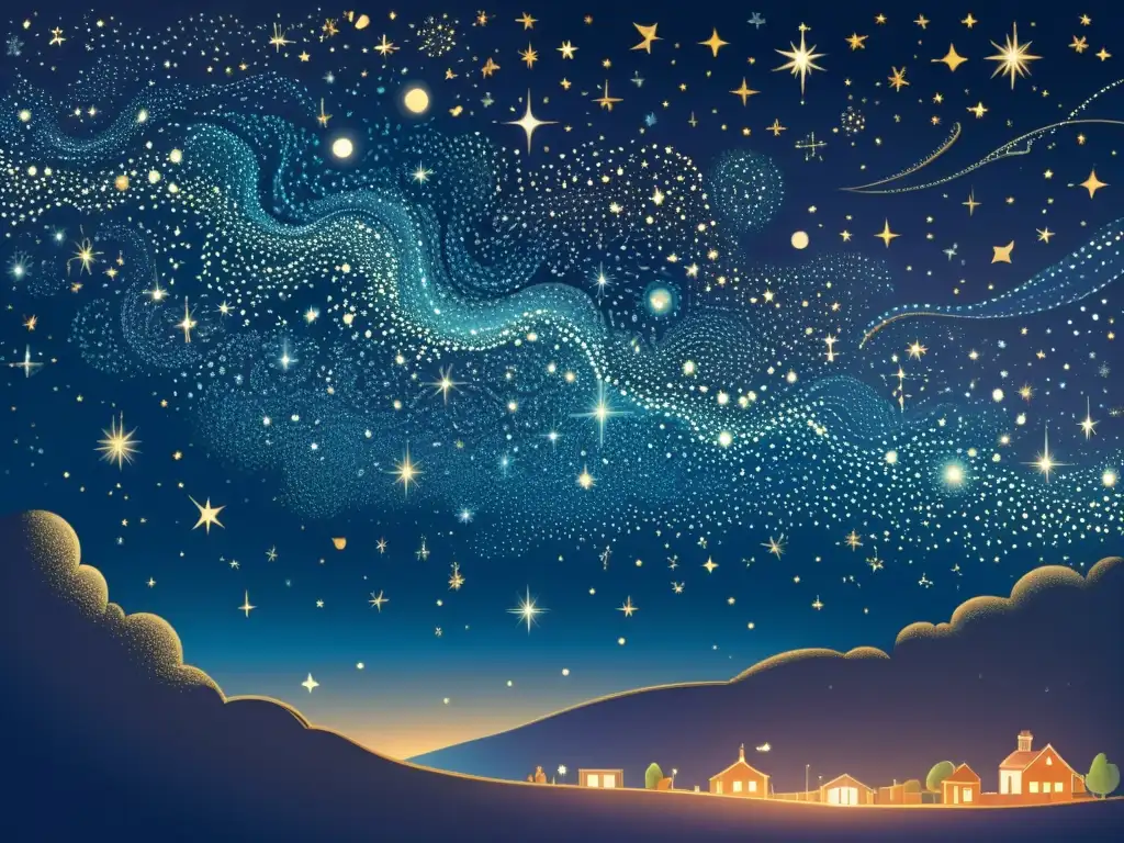 Una ilustración vintage de un cielo nocturno lleno de brillantes estrellas, formando constelaciones en un fondo azul profundo