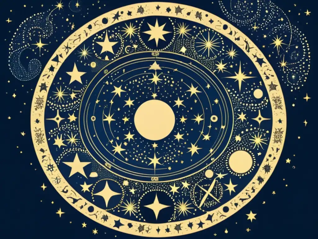 Una ilustración vintage de un cielo nocturno lleno de constelaciones y detalles intrincados de estrellas y cuerpos celestes, mostrando la influencia de los cambios estacionales y la mitología estelar