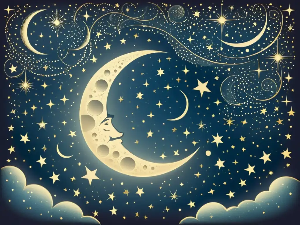 Una ilustración vintage de un cielo nocturno con luna llena, estrellas fugaces y constelaciones, sobre papel pergamino