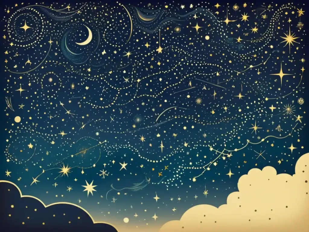 Una ilustración vintage de un cielo nocturno repleto de estrellas y detalladas representaciones de varias constelaciones y sus respectivas estrellas