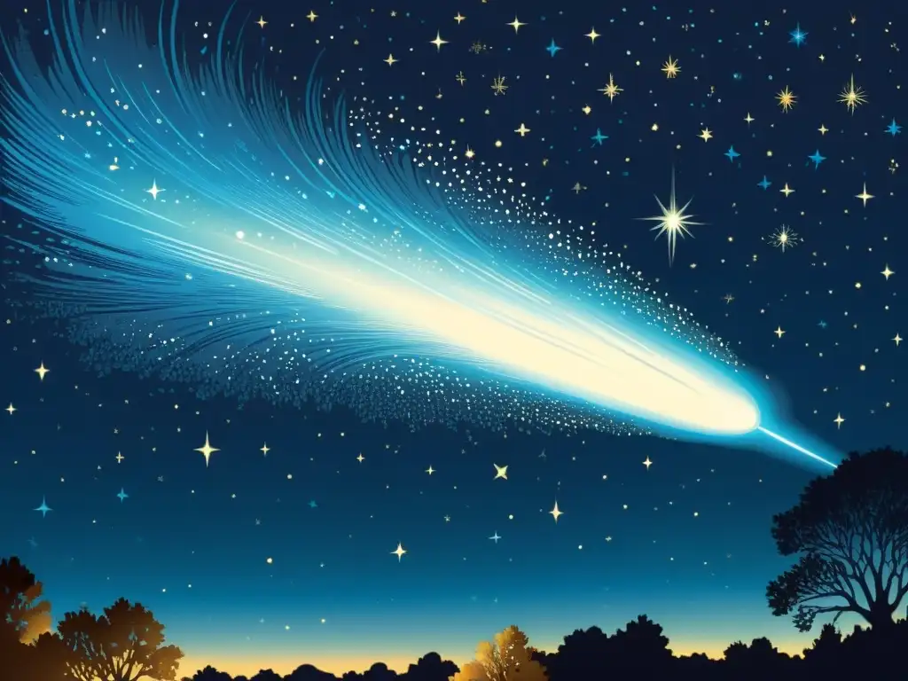 Una ilustración vintage de un cometa surcando el cielo nocturno, con detalles intrincados del cuerpo celeste y estrellas circundantes