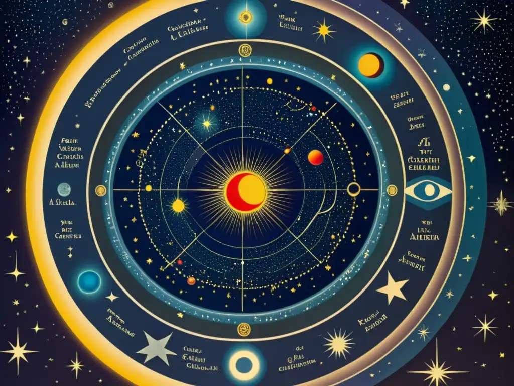 Una ilustración detallada de antiguas constelaciones y eclipses, evocando la fascinante relación entre fenómenos celestiales y mitología