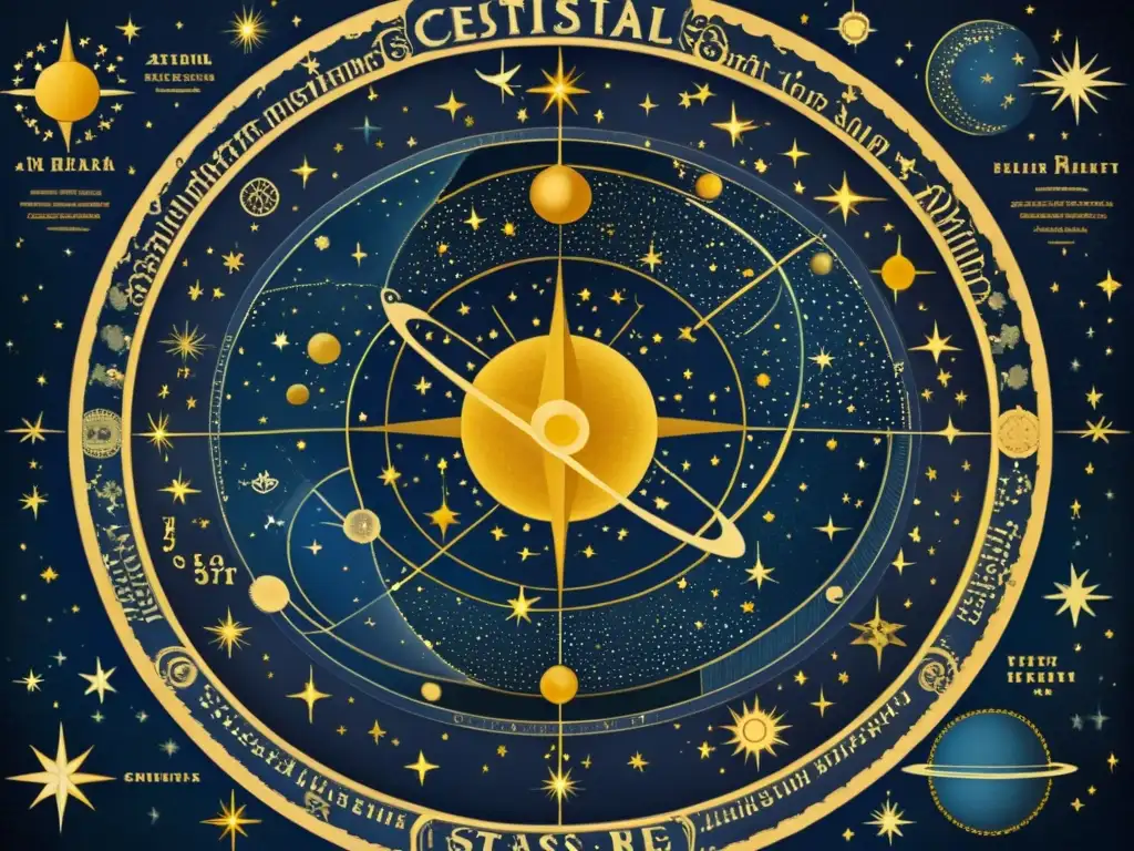 Una ilustración detallada de un antiguo mapa celestial, con constelaciones doradas sobre un fondo azul profundo, evocando el impacto de la astrología