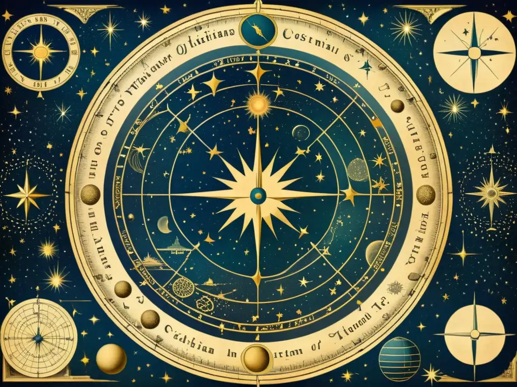 Una ilustración detallada de un antiguo mapa astronómico que representa constelaciones con figuras míticas y cuerpos celestes