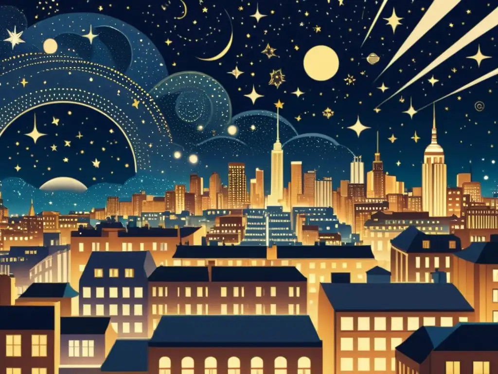 Una ilustración detallada en 8k de una bulliciosa ciudad nocturna con edificios art déco y símbolos zodiacales, bajo un cielo estrellado