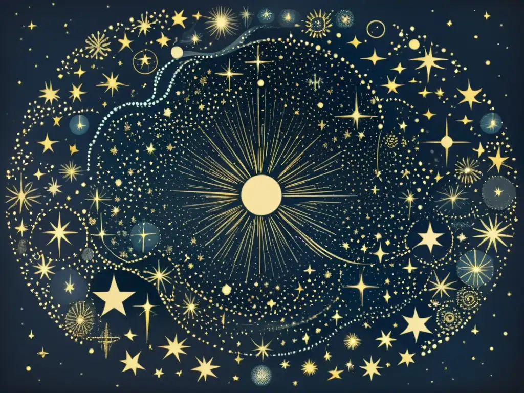 Una ilustración detallada de un cielo estrellado vintage con constelaciones y estrellas variables, conectando mitología y astrología