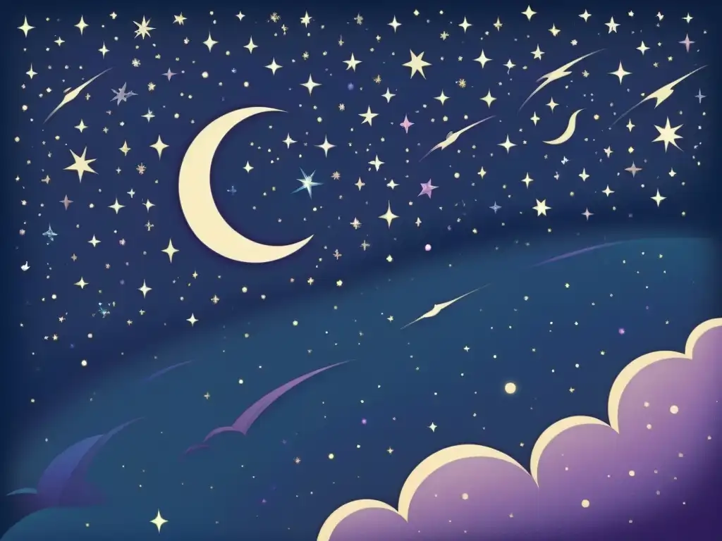 Una ilustración detallada del cielo nocturno con constelaciones, estrellas fugaces y una luna creciente, en tonos azules y morados