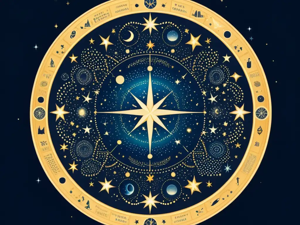 Mapa Celestial Ilustrado: Mitología y Estrellas en un Arte Vintage Una ilustración detallada del cielo nocturno con constelaciones y figuras mitológicas en un estilo vintage