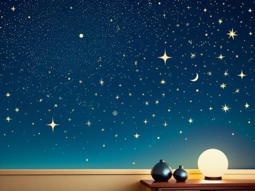 Una ilustración detallada de un cielo nocturno vintage, con constelaciones estelares y estrellas brillantes, evocando un encanto atemporal