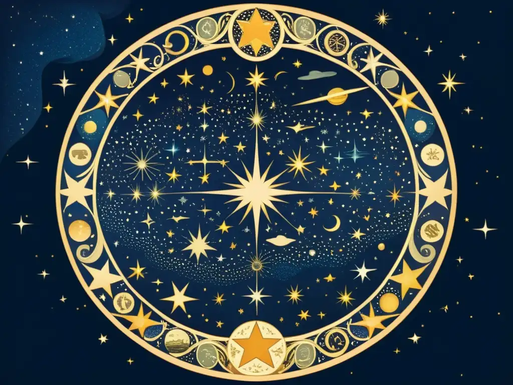 Una ilustración detallada del cielo nocturno con constelaciones, mostrando figuras y criaturas mitológicas entre las estrellas