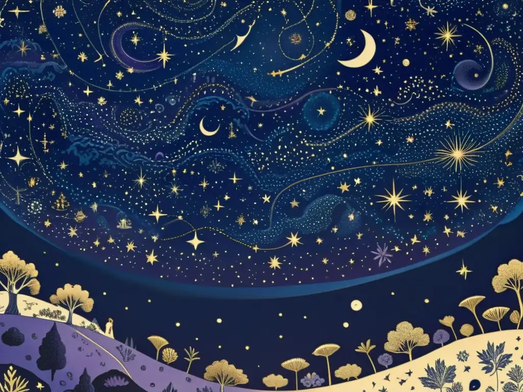 Una ilustración detallada del cielo nocturno con constelaciones, figuras míticas y estrellas doradas, evocando la magia de la mitología celestial